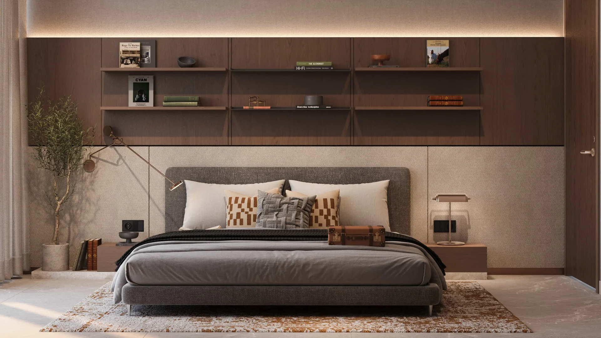 Furnished bedroom with bookshelf and reading lamp at The Archive by Imtiaz