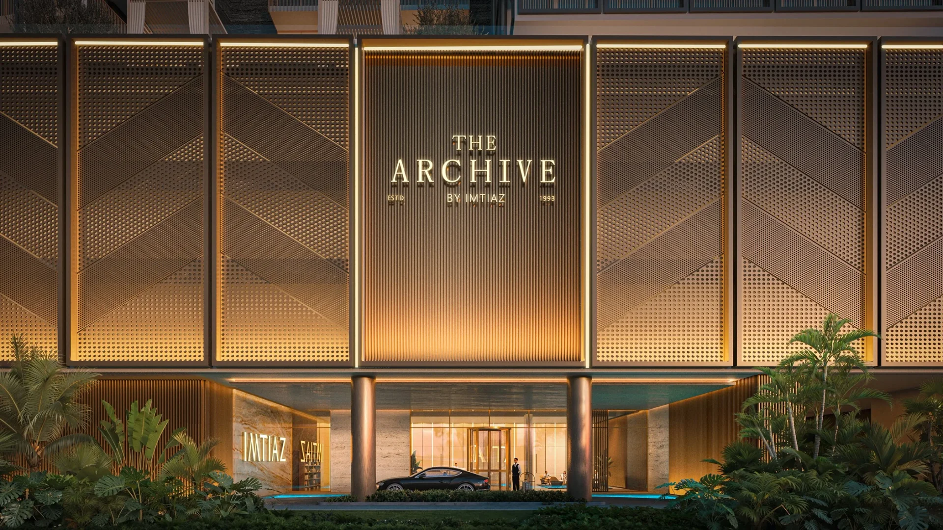 The Archive by Imtiaz building entrance at night