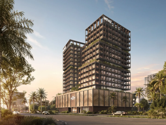 The Archive by Imtiaz tower exterior in Dubai Land Residence Complex