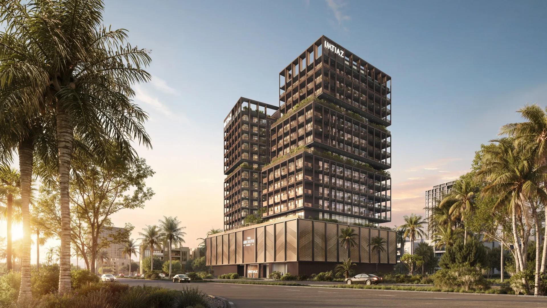 The Archive by Imtiaz tower exterior in Dubai Land Residence Complex