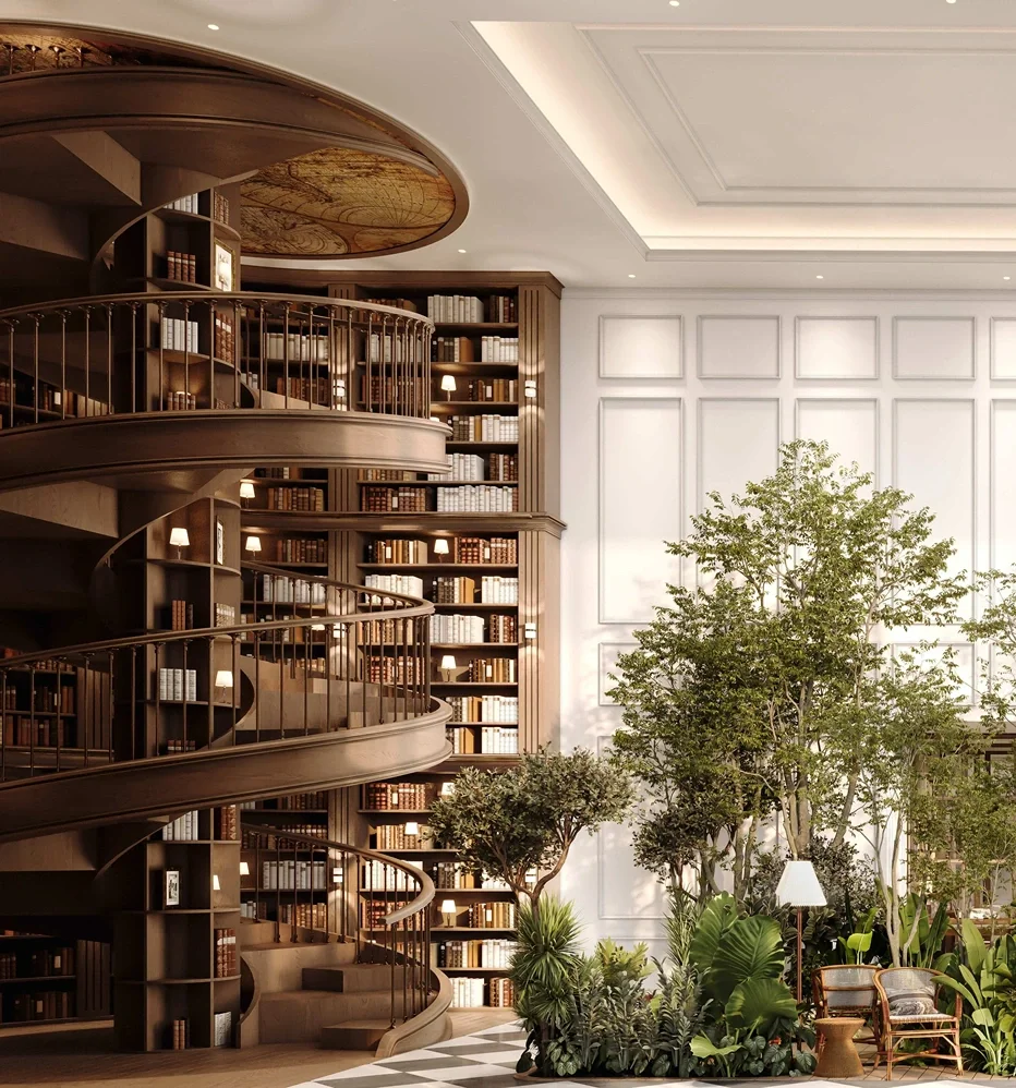 Two-storey residents library with spiral staircase at The Archive by Imtiaz