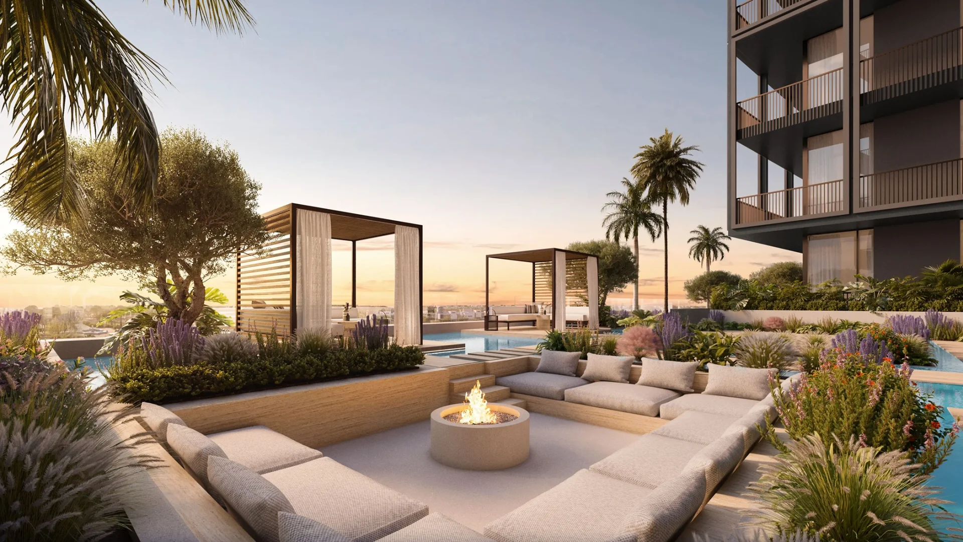 Rooftop lounge with firepit and cabanas at The Archive by Imtiaz