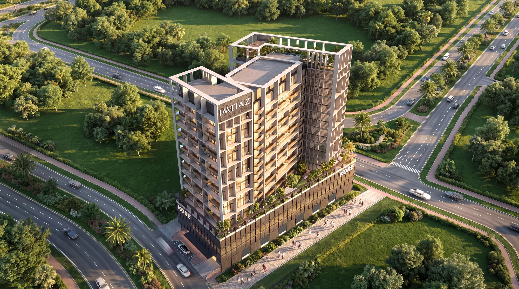 Aerial view of KORE by Imtiaz on the main boulevard in DLRC