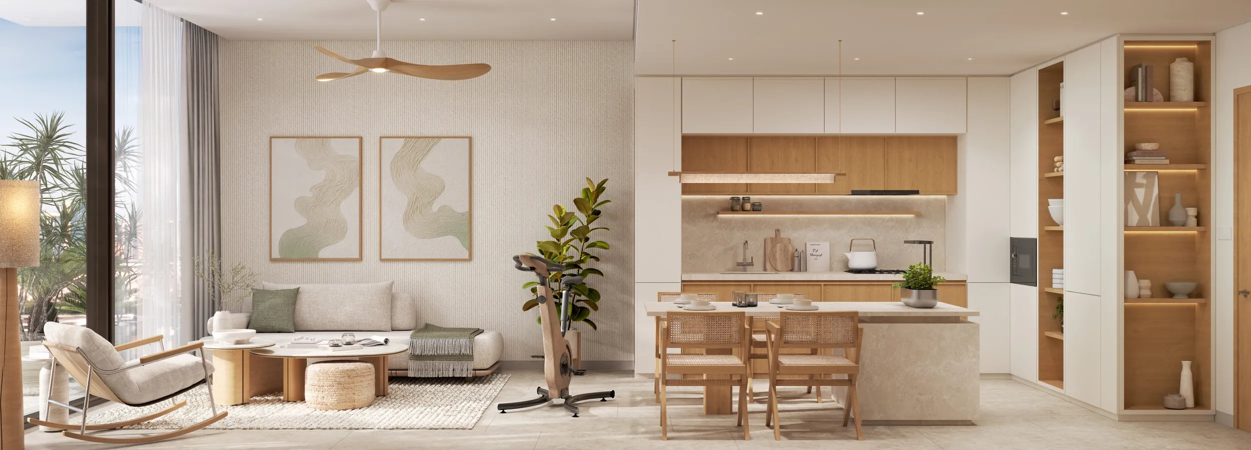 Fully furnished living room and kitchen at KORE by Imtiaz