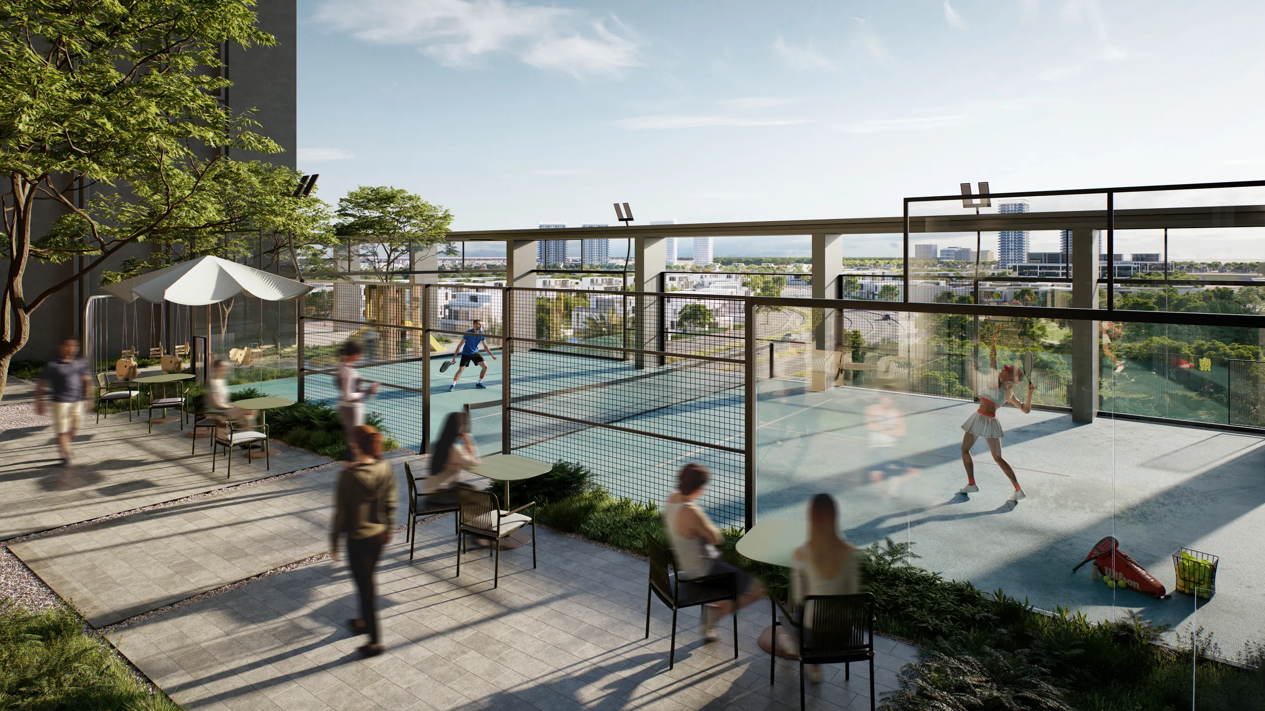 Social padel court and seating at KORE by Imtiaz