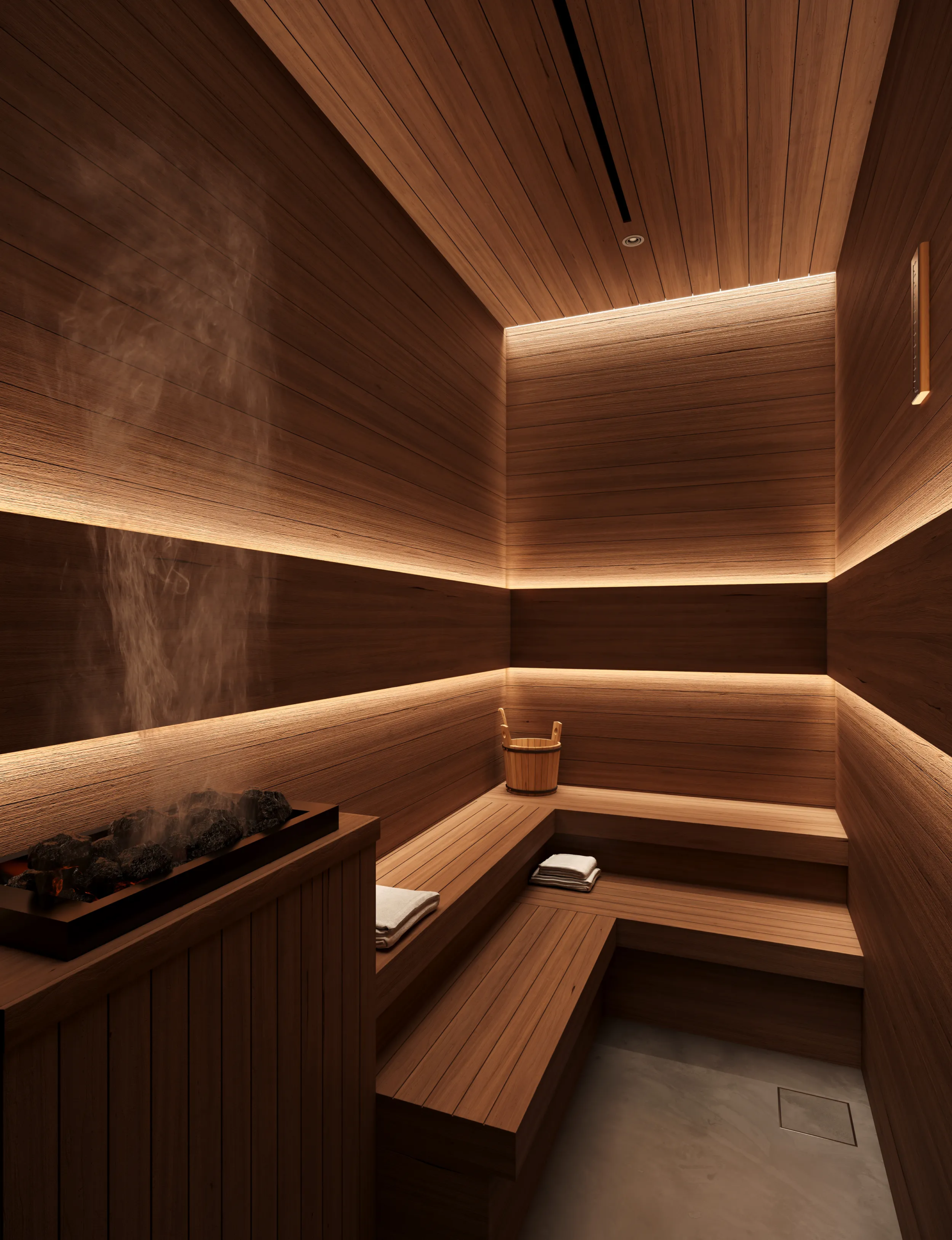Timber-lined sauna at KORE by Imtiaz