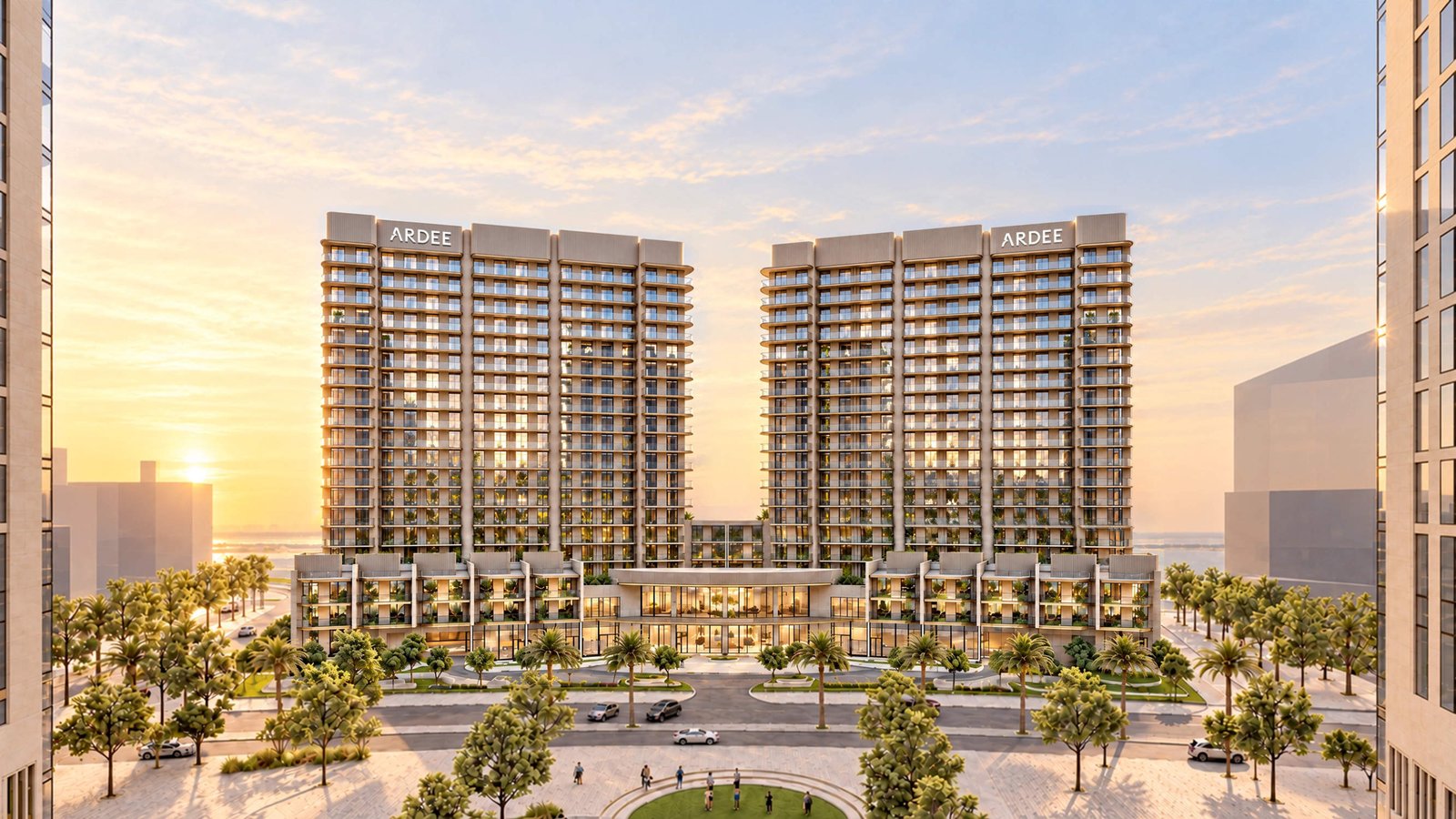 The Views by Ardee towers at sunset on Al Marjan Island