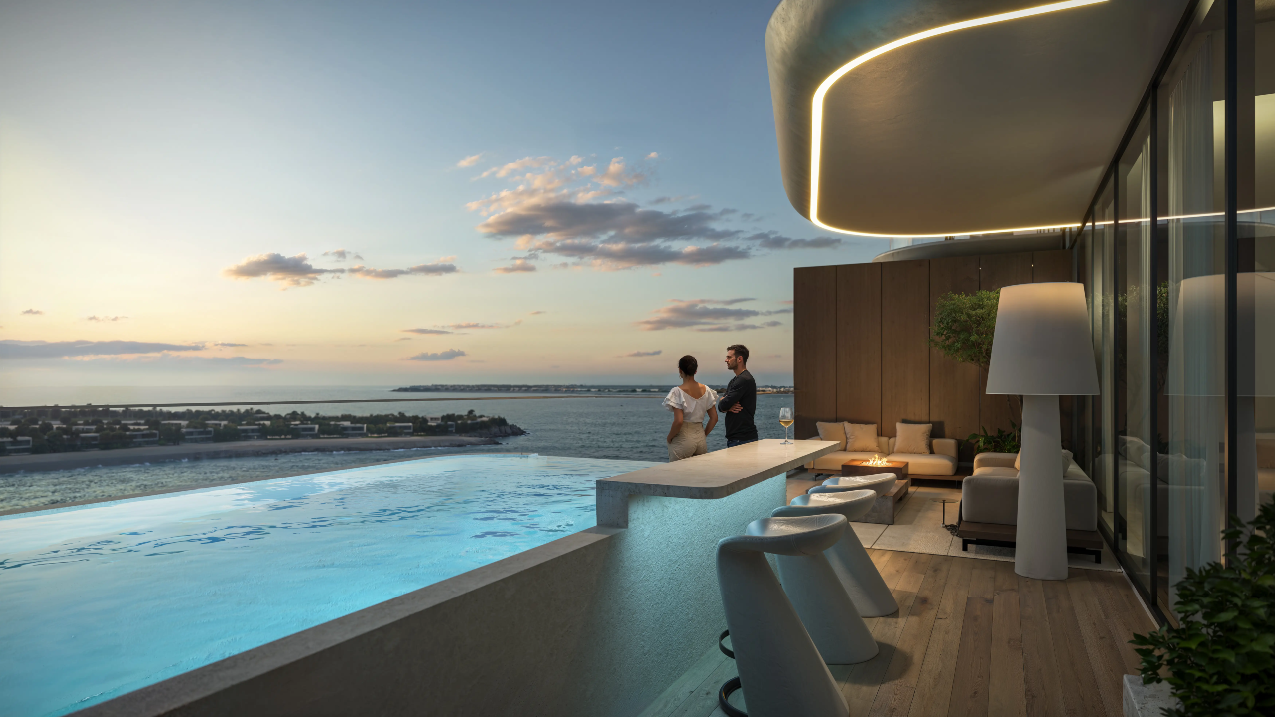 Tréppan Living Privé balcony at dusk